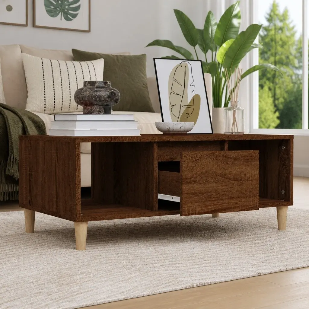 Coffee Table Brown Oak Open Compartments Drawer Storage 90x50x36.5cm