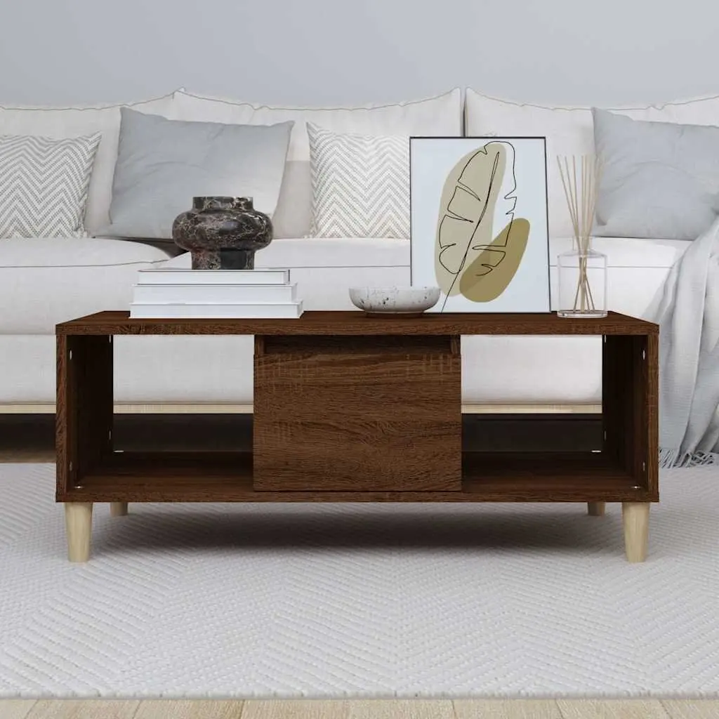 Coffee Table Brown Oak Open Compartments Drawer Storage 90x50x36.5cm