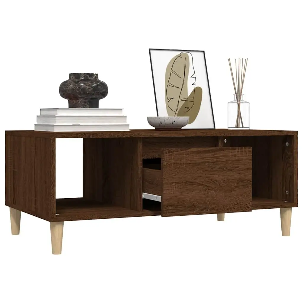 Coffee Table Brown Oak Open Compartments Drawer Storage 90x50x36.5cm