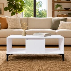 Coffee Table White Storage Drawer Open Compartments Engineered Wood Accent