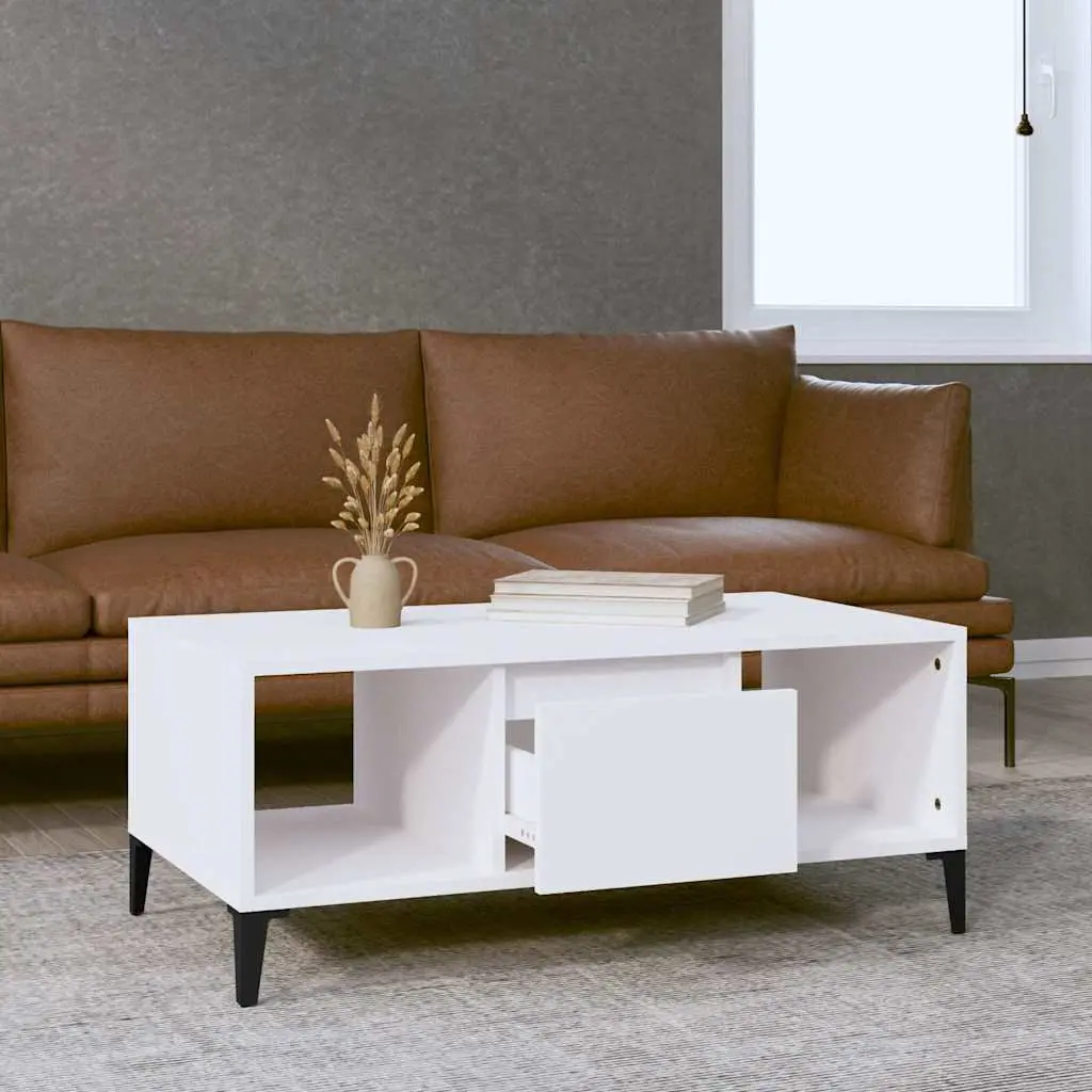 Coffee Table White Engineered Wood Storage Drawer Open Compartments 90L x 50W x 36.5H cm
