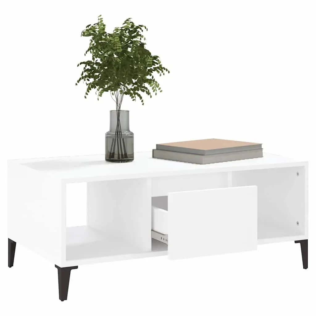 Coffee Table White Engineered Wood Storage Drawer Open Compartments 90L x 50W x 36.5H cm