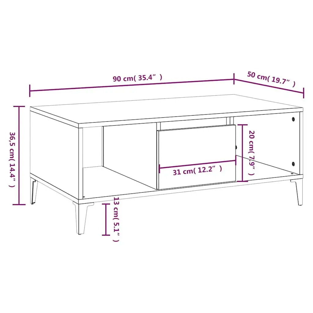 Coffee Table Black Storage Drawer Open Compartments 90L x 50W x 36.5H cm