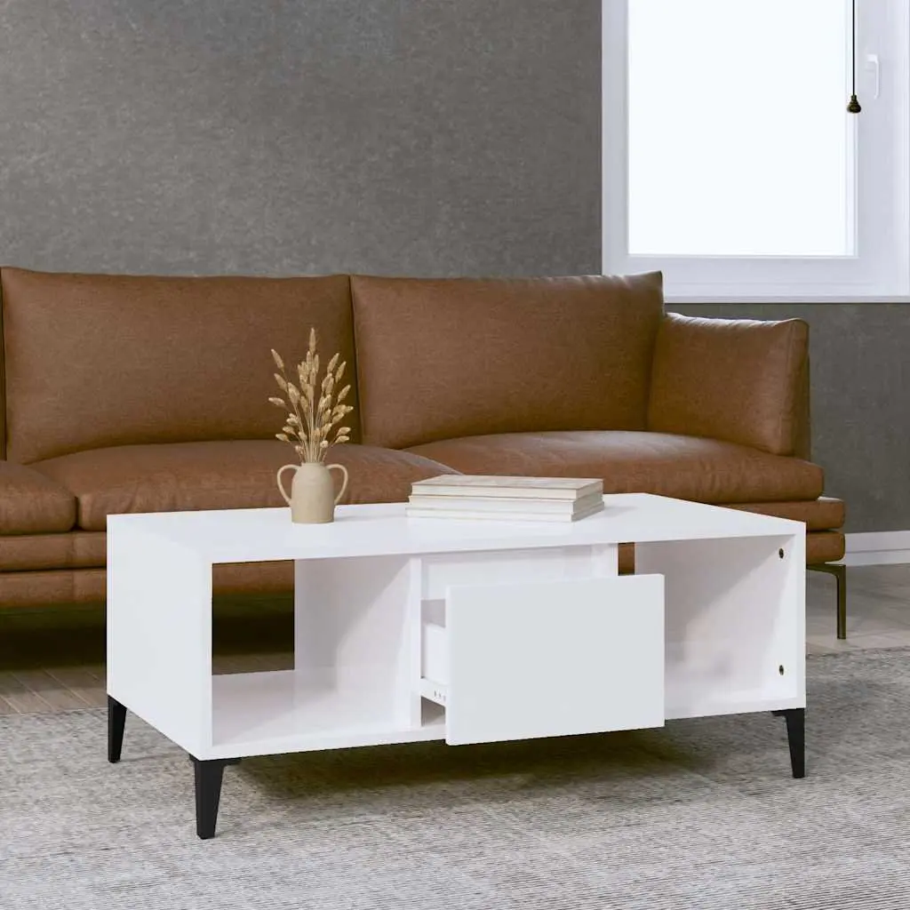 Coffee Table High Gloss White with Storage Drawer and Open Compartments 90 x 50 x 36.5 cm