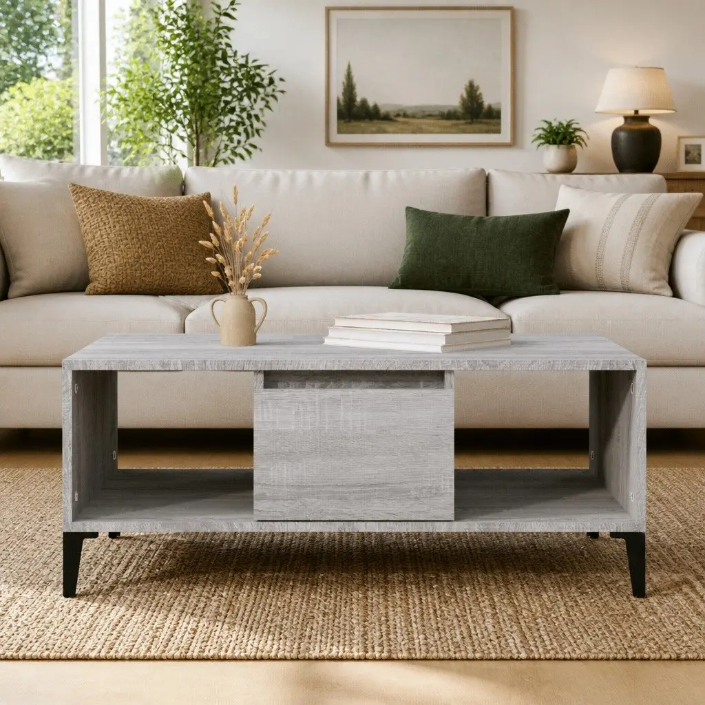 Coffee Table Industrial Grey Engineered Wood with Drawer Compartment 90 x 50 x 36.5 cm