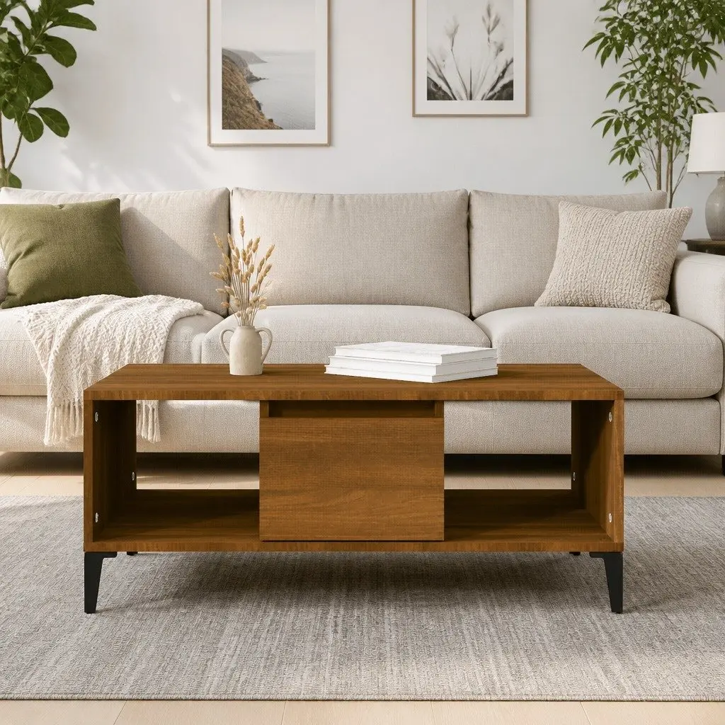 Storage Coffee Table Brown Oak 90x50x36.5 cm with Open Compartments and Drawer Industrial Style