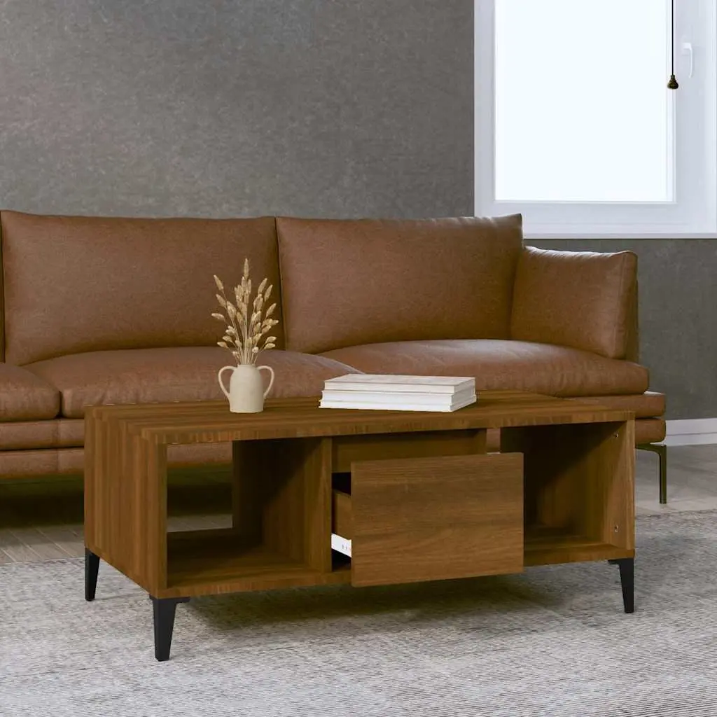Storage Coffee Table Brown Oak 90x50x36.5 cm with Open Compartments and Drawer Industrial Style