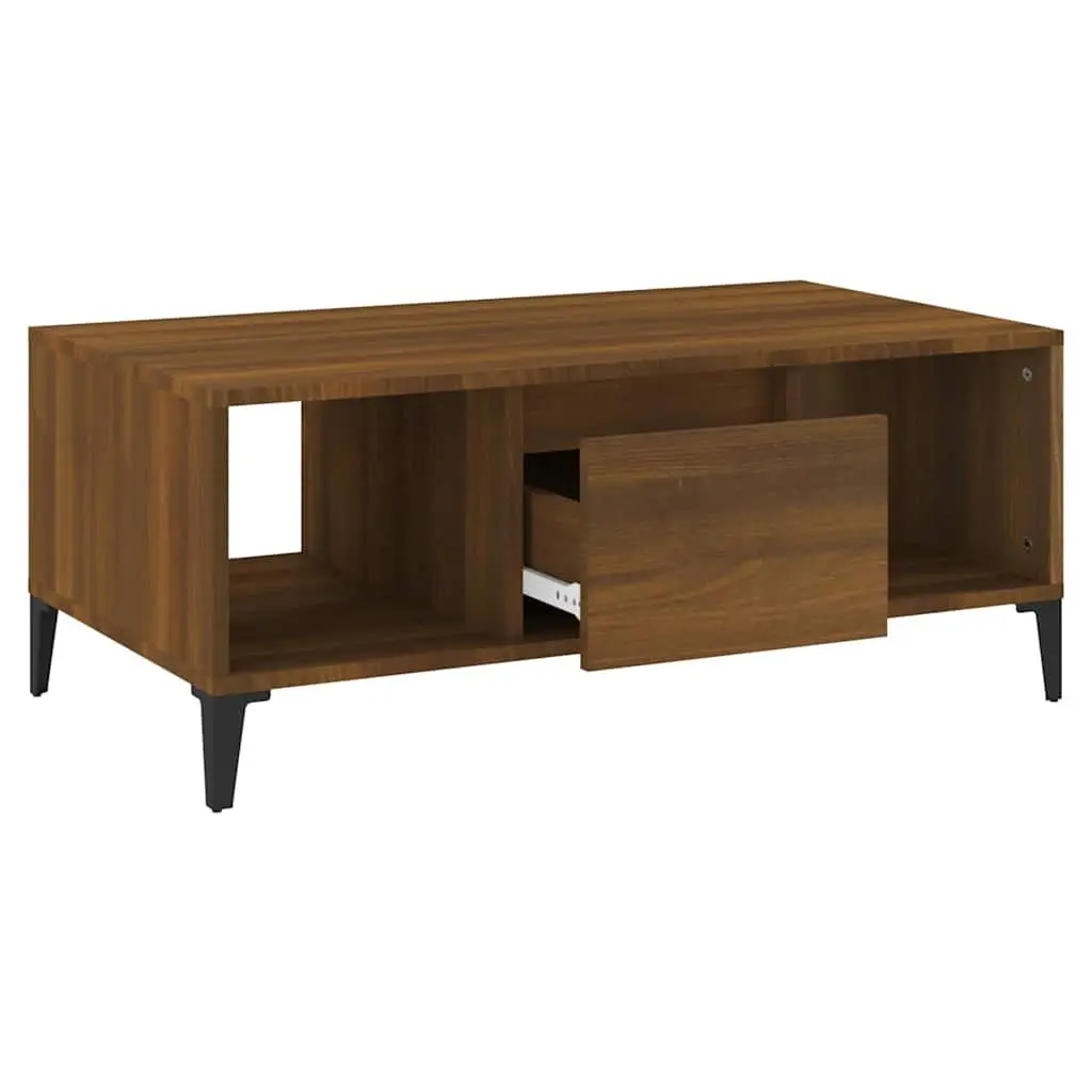 Storage Coffee Table Brown Oak 90x50x36.5 cm with Open Compartments and Drawer Industrial Style