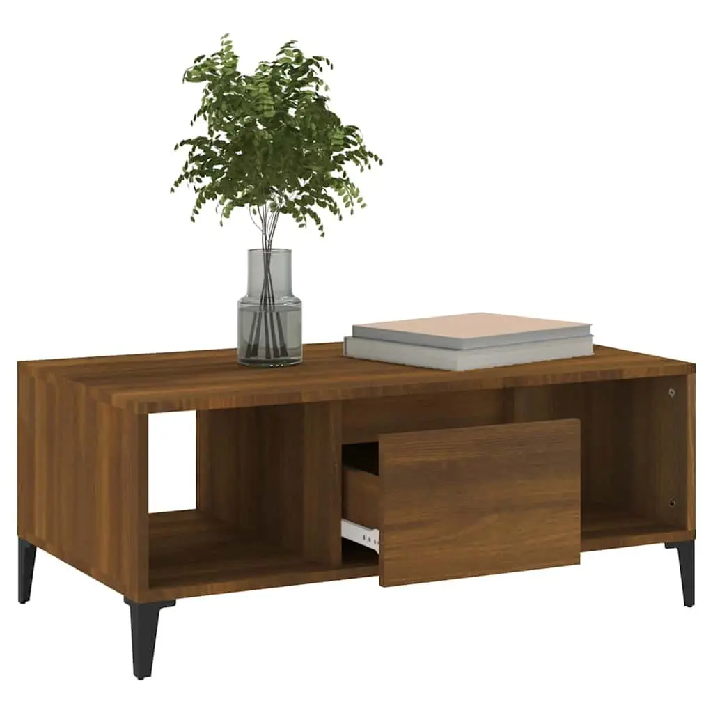 Storage Coffee Table Brown Oak 90x50x36.5 cm with Open Compartments and Drawer Industrial Style