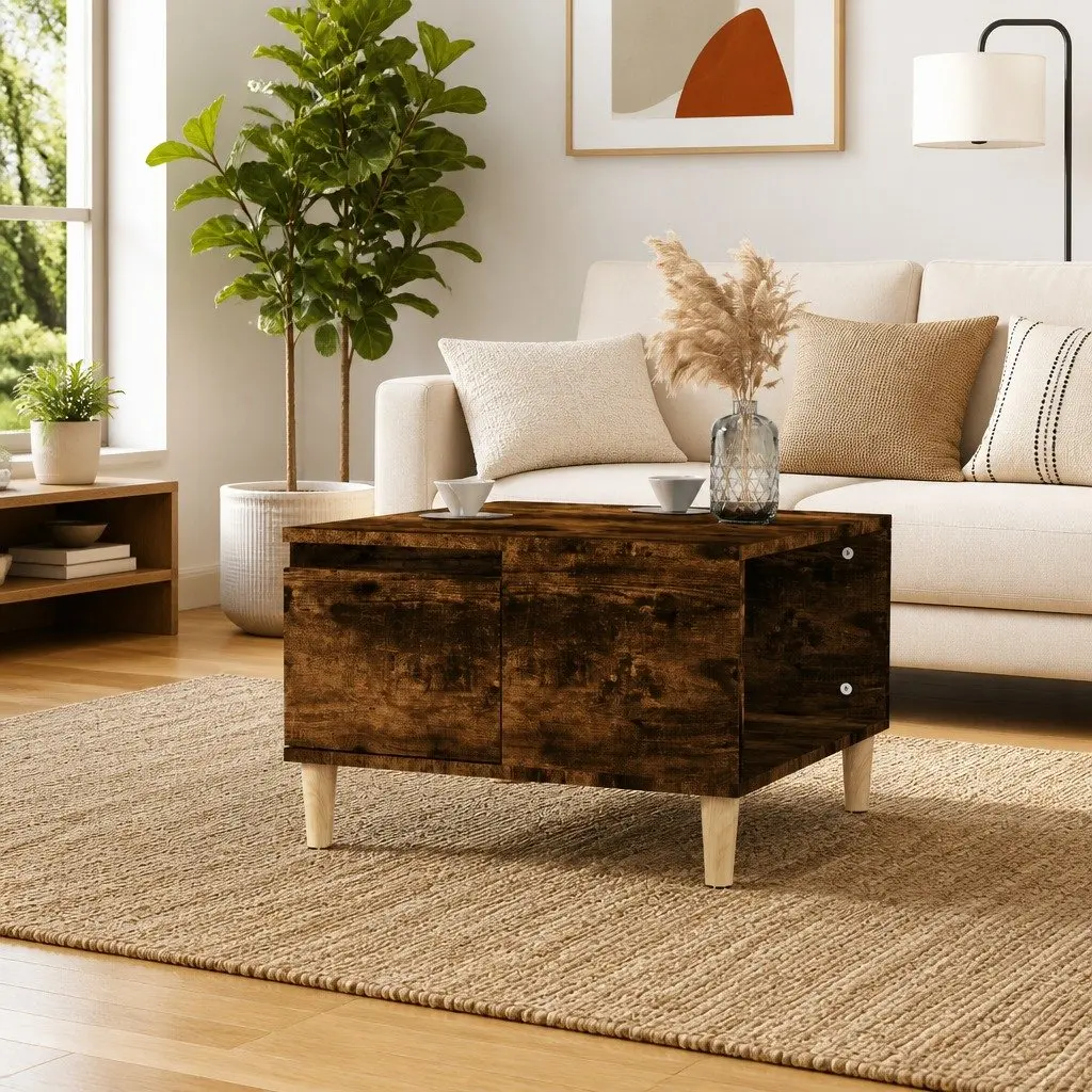 Coffee Table Minimalistic Scandinavian Style Smoked Oak 55x55x36.5cm with Storage Drawer Open Compartment