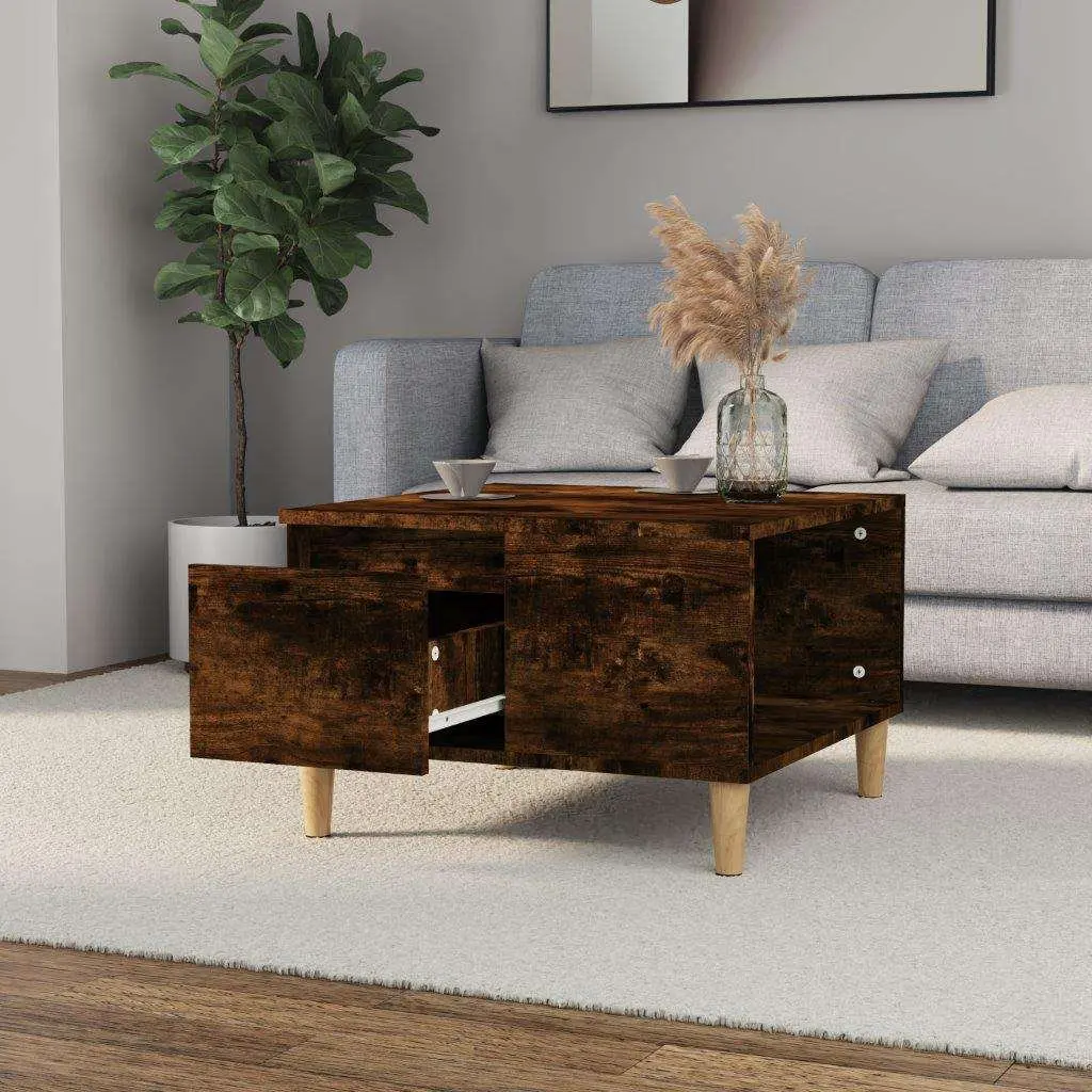 Coffee Table Minimalistic Scandinavian Style Smoked Oak 55x55x36.5cm with Storage Drawer Open Compartment