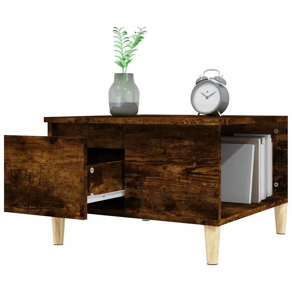 Coffee Table Minimalistic Scandinavian Style Smoked Oak 55x55x36.5cm with Storage Drawer Open Compartment