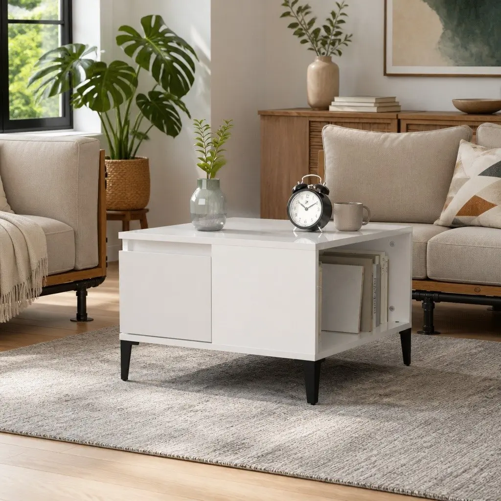 Coffee Table High Gloss White Storage Compartment Drawer Modern 55W x 55D x 36.5H cm
