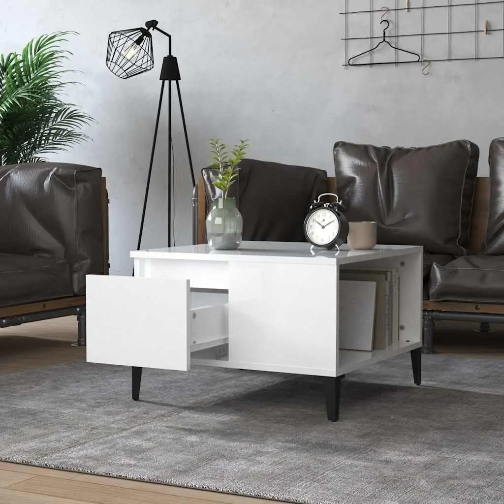 Coffee Table High Gloss White Storage Compartment Drawer Modern 55W x 55D x 36.5H cm