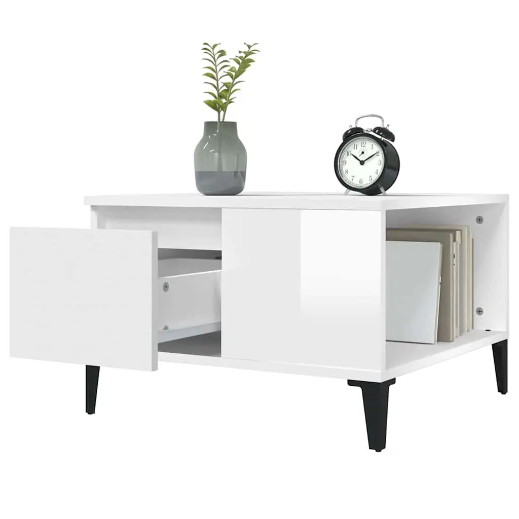 Coffee Table High Gloss White Storage Compartment Drawer Modern 55W x 55D x 36.5H cm
