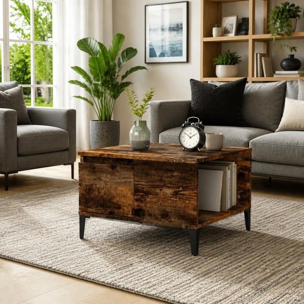 Coffee Table with Storage Drawer and Open Compartment Brown Engineered Wood 55W x 55D x 36.5H cm