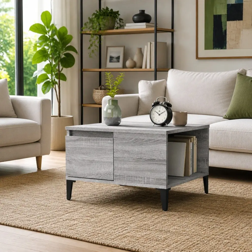 Coffee Table Grey Sonoma with Storage Drawer Open Compartment 55 x 55 x 36.5 cm