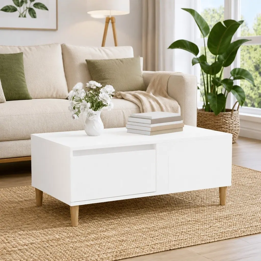 Coffee Table White High Gloss with Storage Drawer 90L x 50W x 36.5H cm