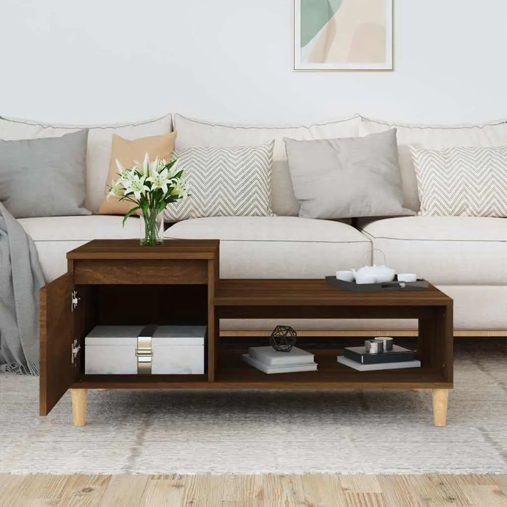 Coffee Table Brown Oak Engineered Wood 100 x 50 x 45 cm Storage Compartment