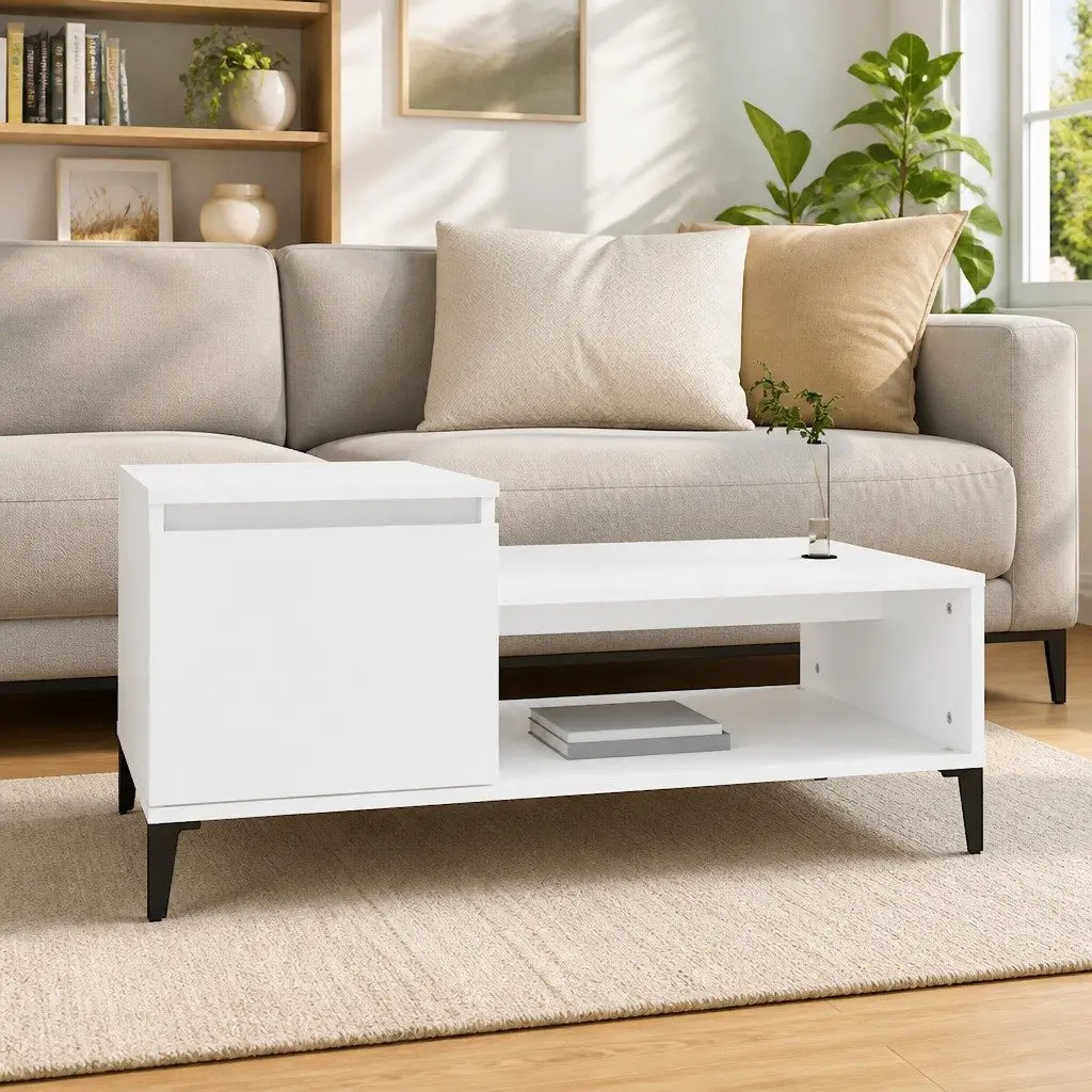 Coffee Table White Engineered Wood Accent Furniture with Storage 100L x 50W x 45H cm