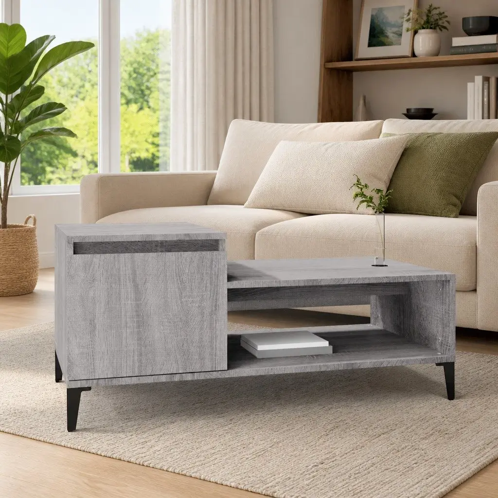 Coffee Table Grey Sonoma Engineered Wood with Storage Compartment Shelf and Door 100L x 50W x 45H cm