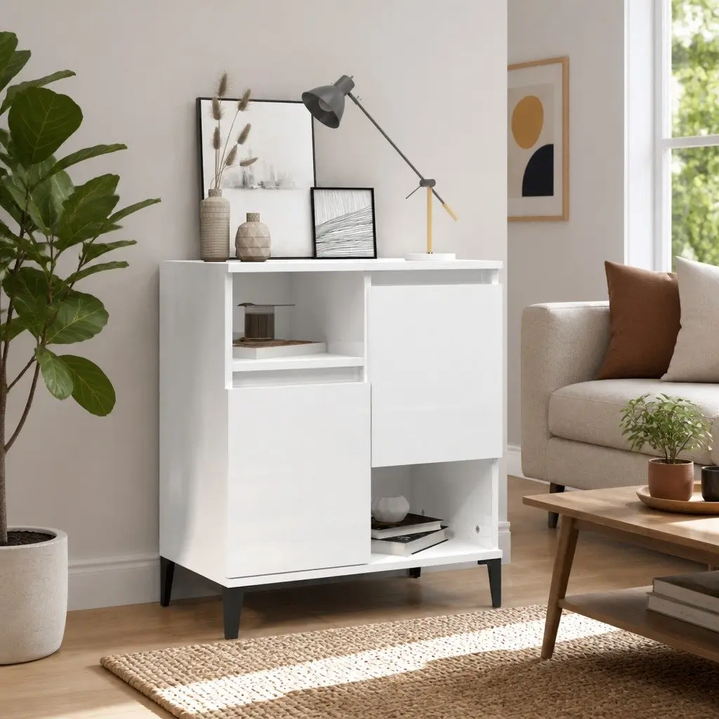 High Gloss White Sideboard Storage Cabinet 60x35x70 cm 4 Compartments