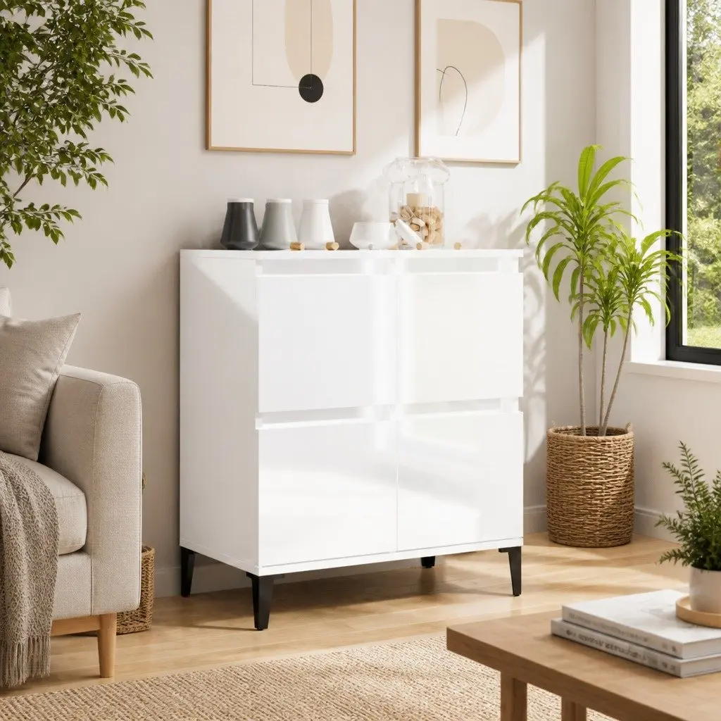 White High Gloss Sideboard Storage Cabinet Engineered Wood Buffet Furniture