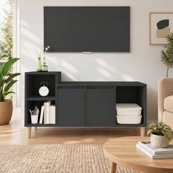 TV Cabinet Black Engineered Wood Media Unit Storage Doors Compartments Stereo