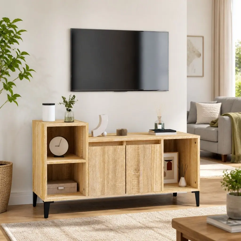 TV Cabinet Engineered Wood Media Storage Unit with Doors and Compartments Brown 100 x 35 x 55 cm
