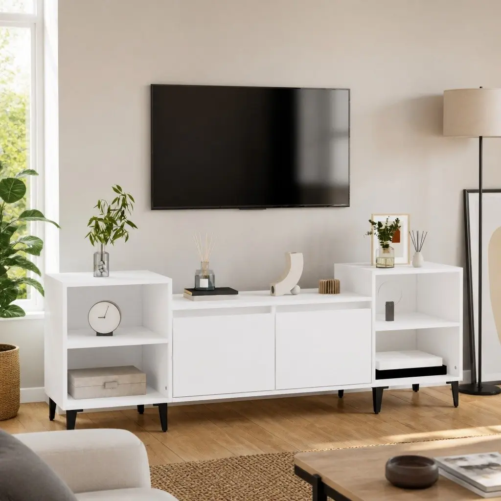 Media Storage Unit White 160x35x55 cm TV Cabinet with 6 Doors and Compartments
