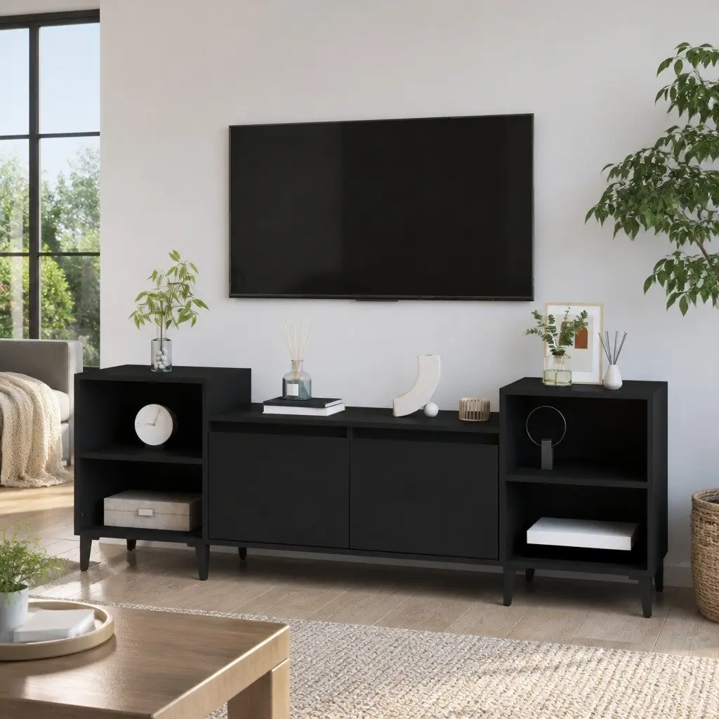 TV Cabinet Black 160x35x55cm Media Entertainment Unit Storage 6 Compartments