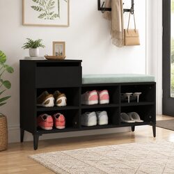 Shoe Cabinet Black Storage Organizer 6 Compartments 1 Drawer Metal Legs