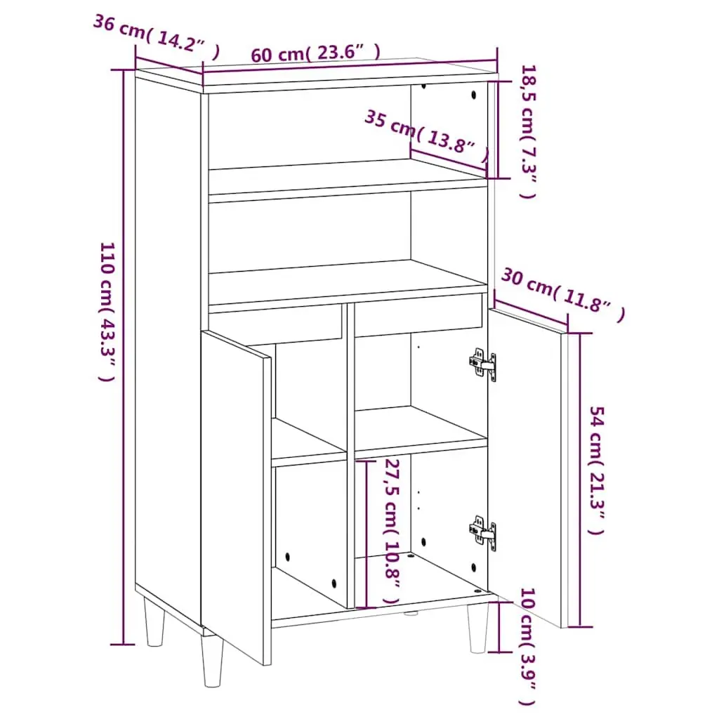 Grey Engineered Wood Highboard Storage Cabinet with Shelves and Doors