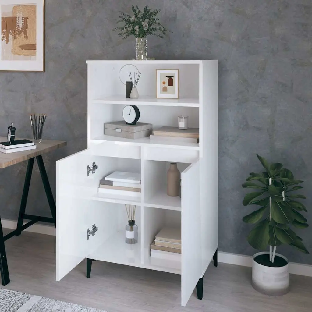Highboard Cabinet White Gloss Storage Sideboard 60x36x110cm Engineered Wood