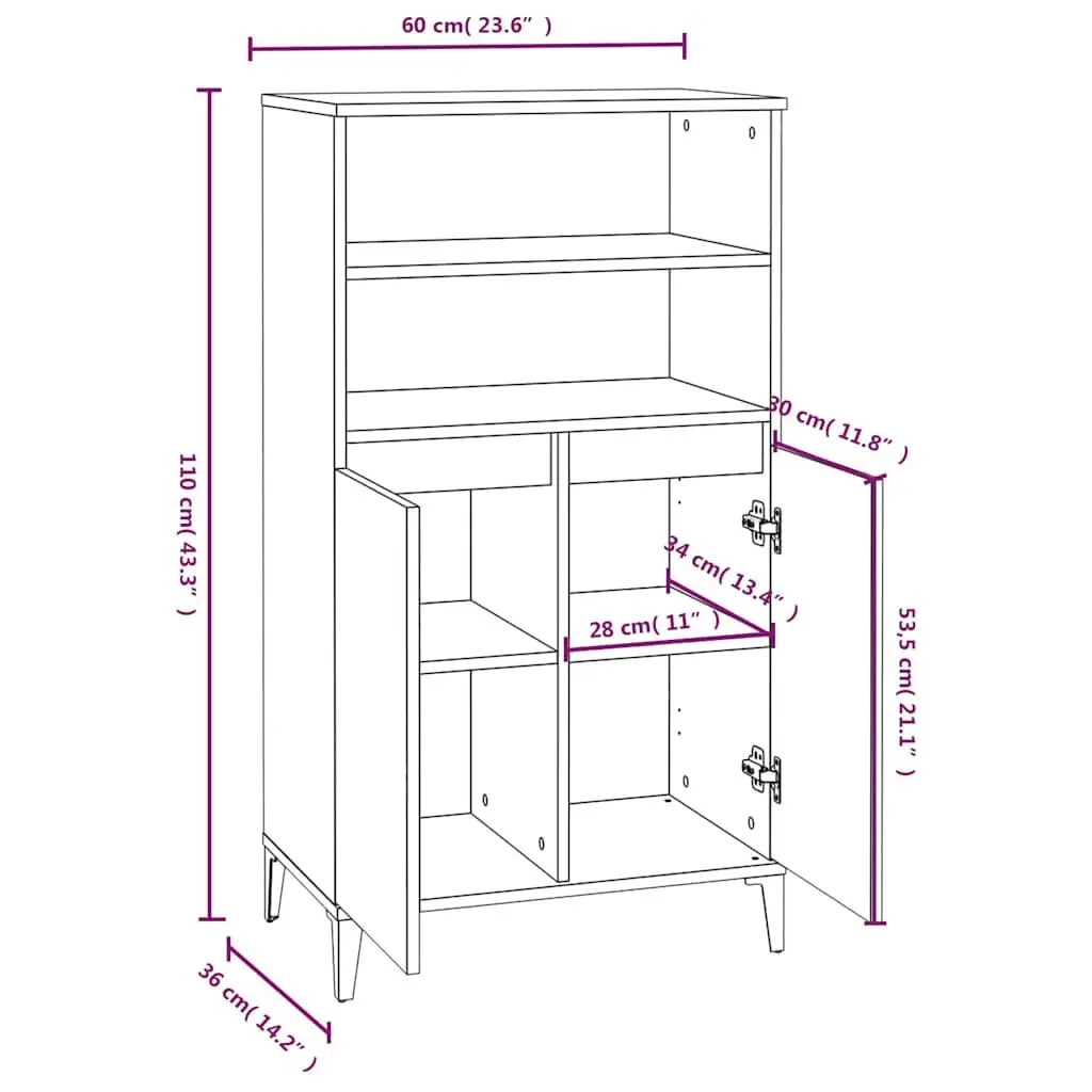 Highboard Grey Sonoma Storage Cabinet Engineered Wood 60 x 36 x 110 cm