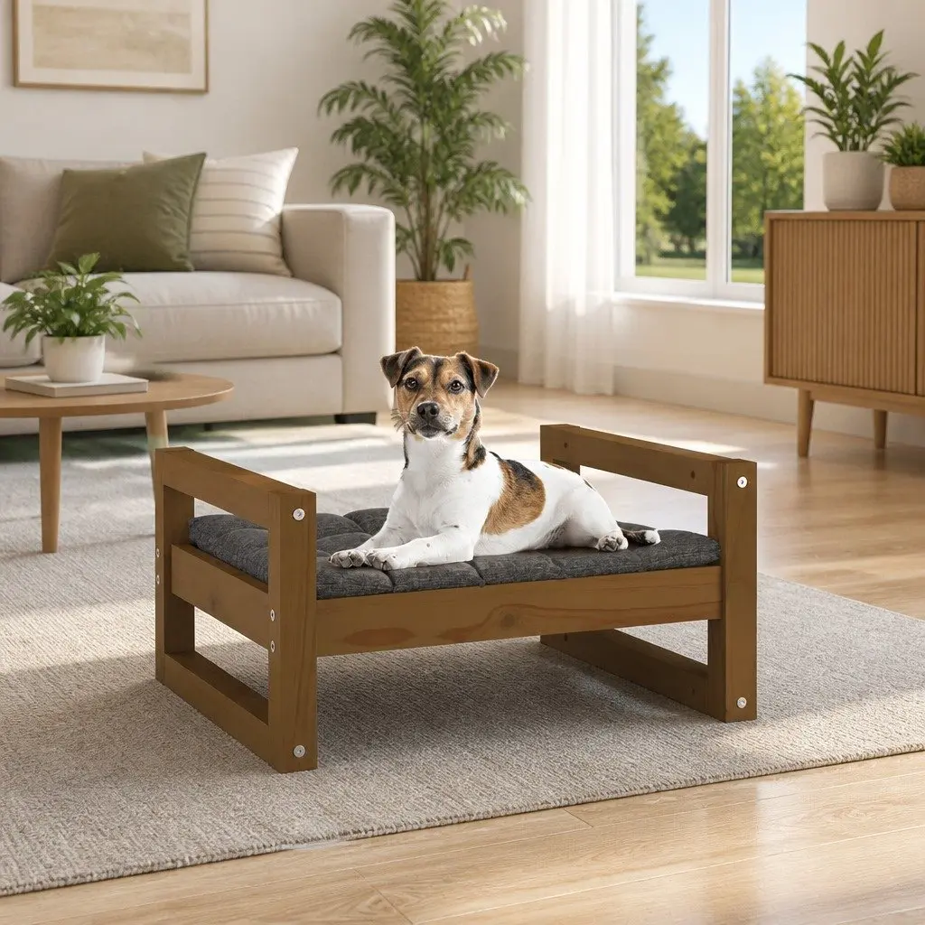 Dog Bed Solid Pine Wood Brown Rectangular Frame Sturdy