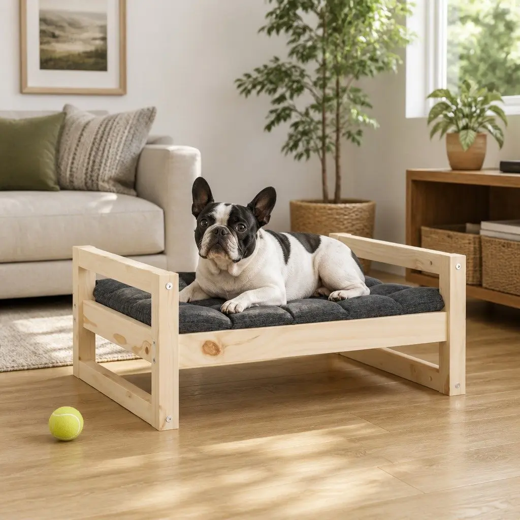 Dog Bed Solid Pine Wood Rectangular Elevated Pet Sleep Furniture Brown