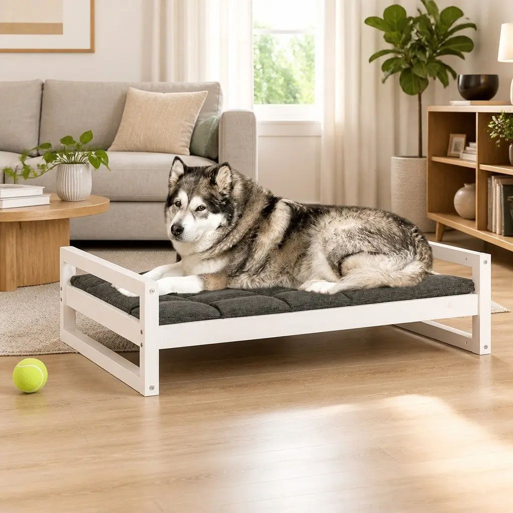 Dog Bed White Rectangular Solid Pine Wood Frame Sturdy Comfortable Pet Sleeping