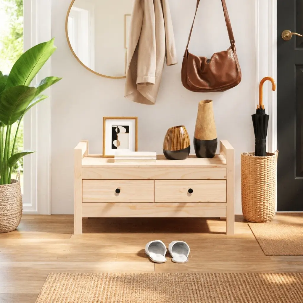 Hall Bench with Storage Drawers Solid Wood Pine Entryway Hallway Furniture
