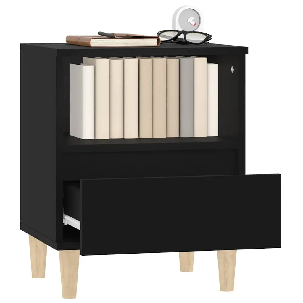Bedside Cabinet Black Storage Drawer Wooden Legs 2 Piece
