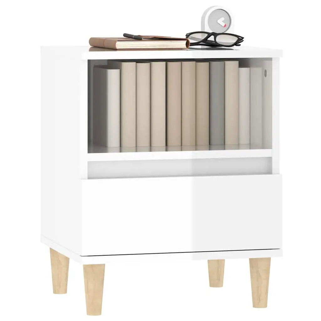 Bedside Cabinet White High Gloss Nightstand Storage Drawer Wooden Legs Side