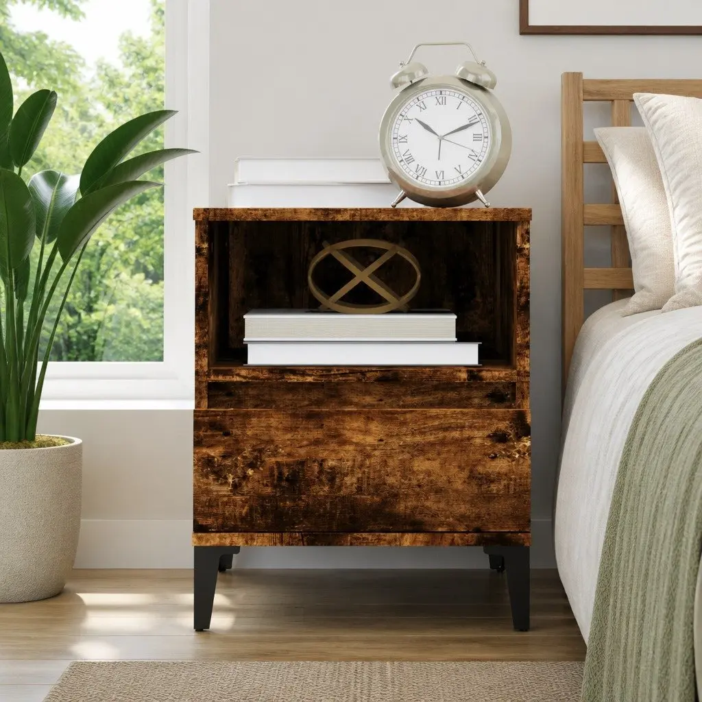 Bedside Cabinet Brown Engineered Wood with Drawer Compartment and Metal Feet 40W x 35D x 50H cm
