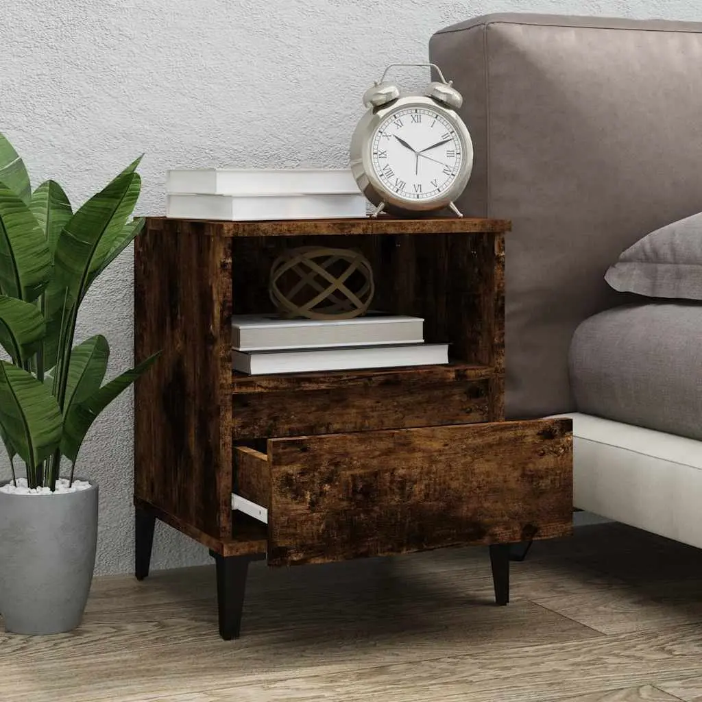 Bedside Cabinet Brown Engineered Wood with Drawer Compartment and Metal Feet 40W x 35D x 50H cm