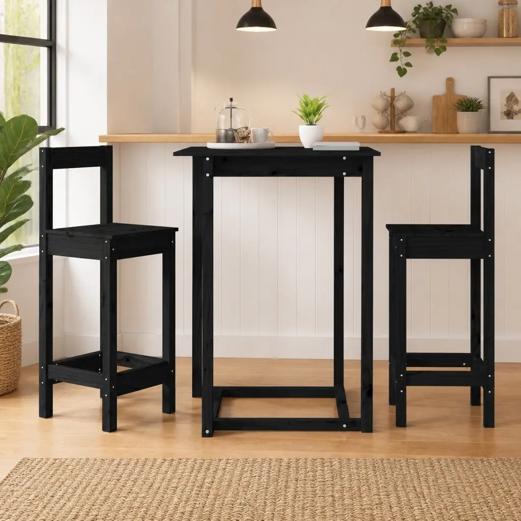 Bar Stools 2 pcs Black Kitchen Dining Chairs Solid Wood Pine Backless
