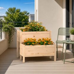 Wooden Planter 2-Tier Raised Flower Bed Box Garden Patio Balcony Brown