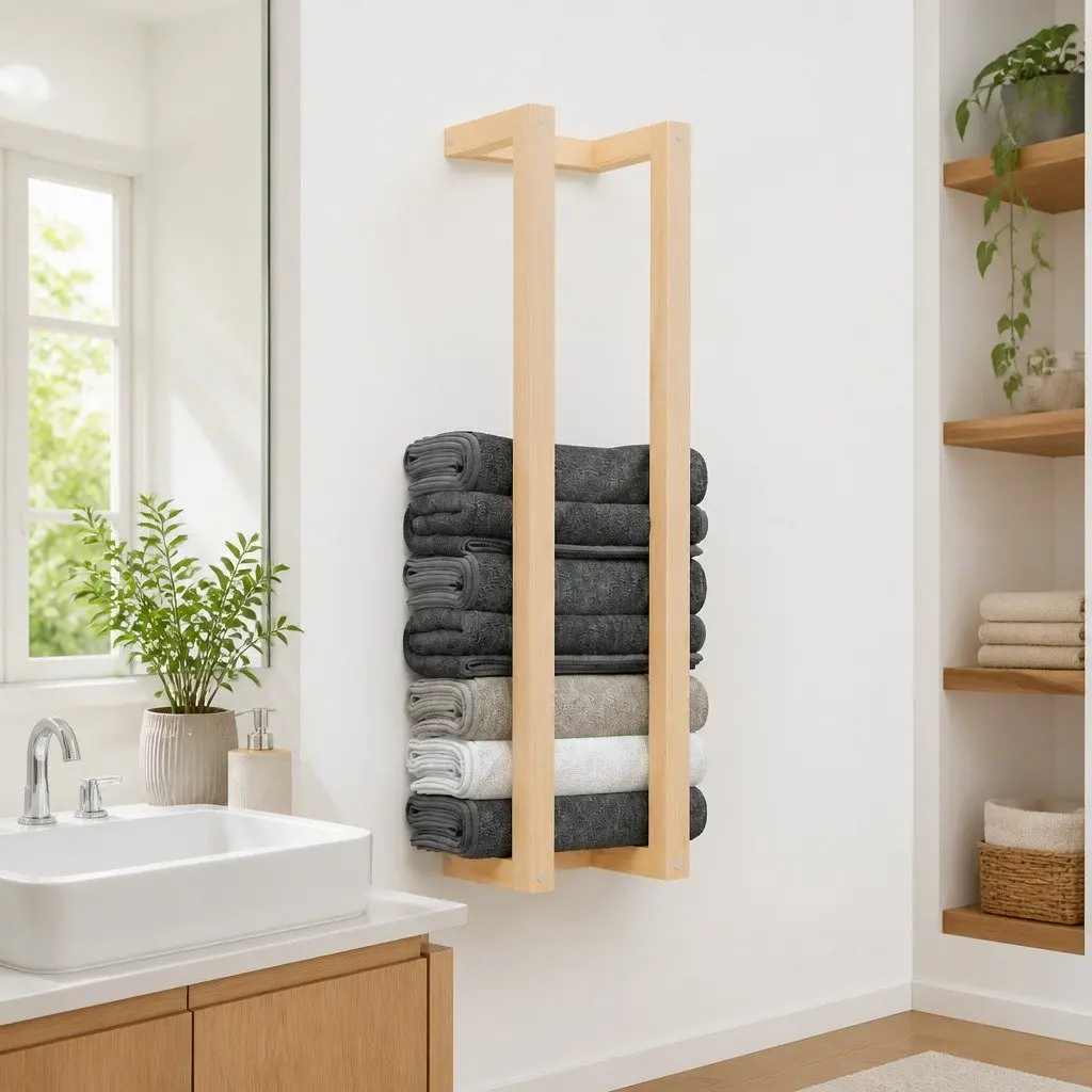 Wall-Mounted Towel Rack in Solid Pine Wood, 23x18x90cm