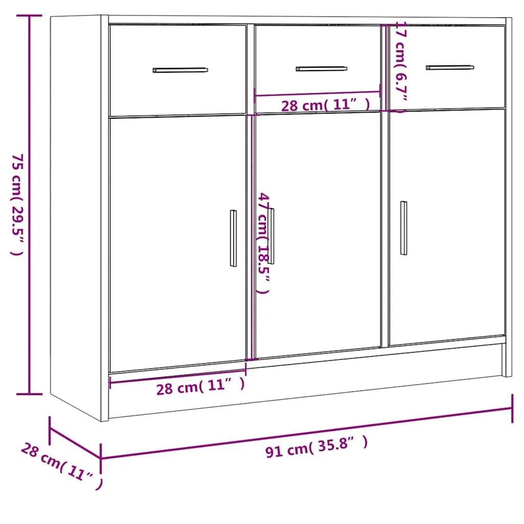 Engineered Wood Sideboard White Storage Cabinet 91x28x75cm Home Furniture