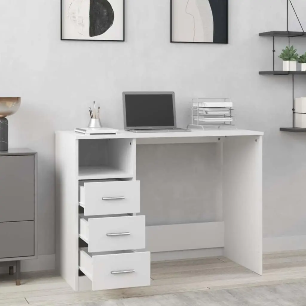 Office Desk with 3 Drawers White 102x50x76cm Storage Computer Desk Engineered