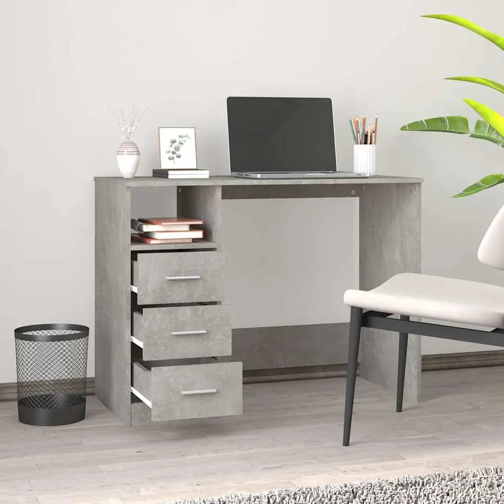 Office Desk Engineered Wood Grey 102 x 50 x 76 cm with 3 Drawers and Open Compartment