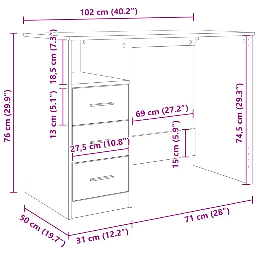 Office Desk with 3 Drawers Open Compartment Brown Engineered Wood Study Table